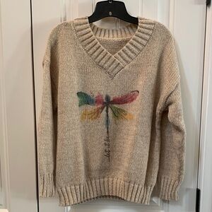 NWOT Beige V-Neck Sweater with Colorful Dragonfly Motif